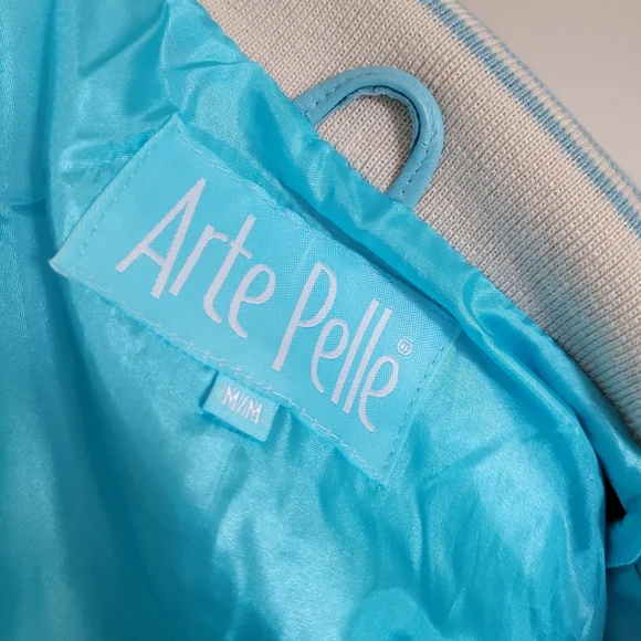 BNWT leather "Montreal" cropped bomber jacket in blue and cream vintage style - Picture 7 of 14